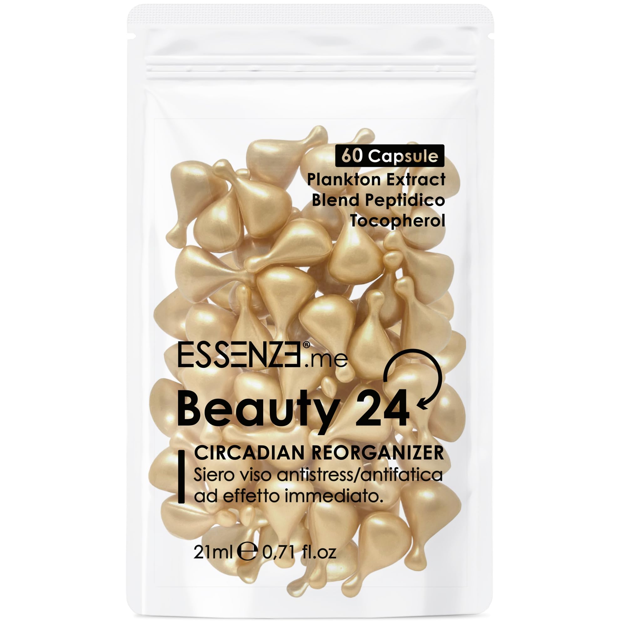 ESSENZE Beauty 24 | 60 Capsule Siero Viso e Contorno Occhi Antirughe Antistress Stimola la Sintesi di Collagene e Acido Ialuronico Effetto Botox Con Peptidi e Estratto di Plankton MADE IN ITALY