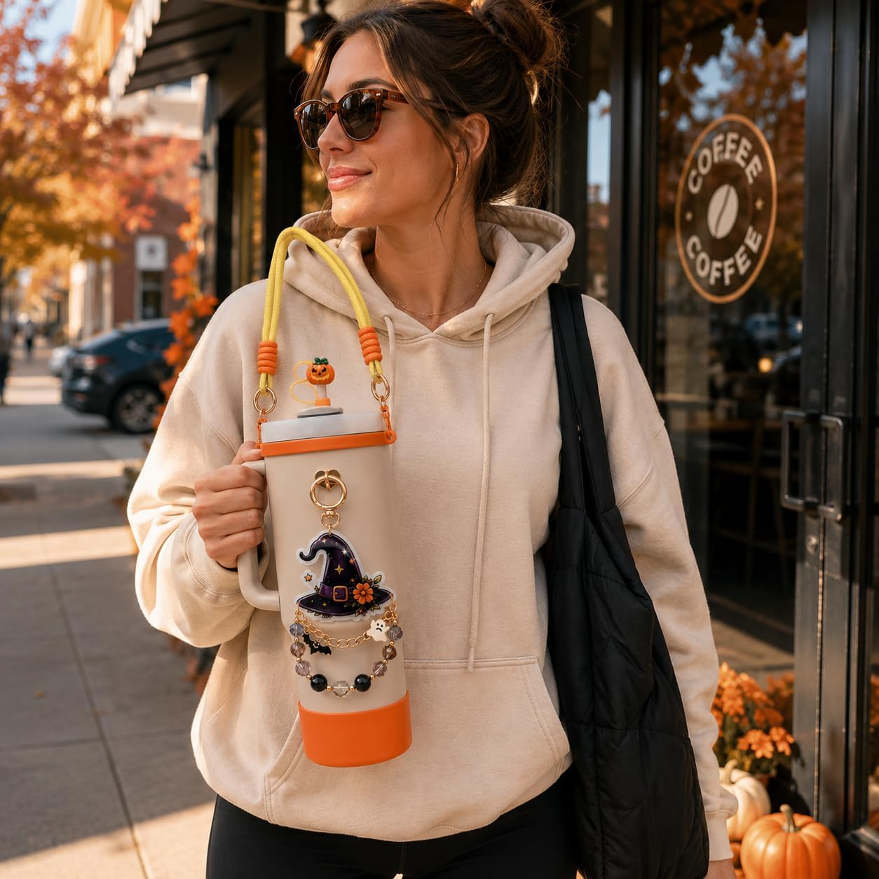 Cute Ghost Halloween Charms Straw Cover Lid Set With Strap Carrier For Stanley Cup 20/30/40 oz Accessories For Owala/BrüMate Era 24/32/40 Oz Water Bottle Holder Brown image 3