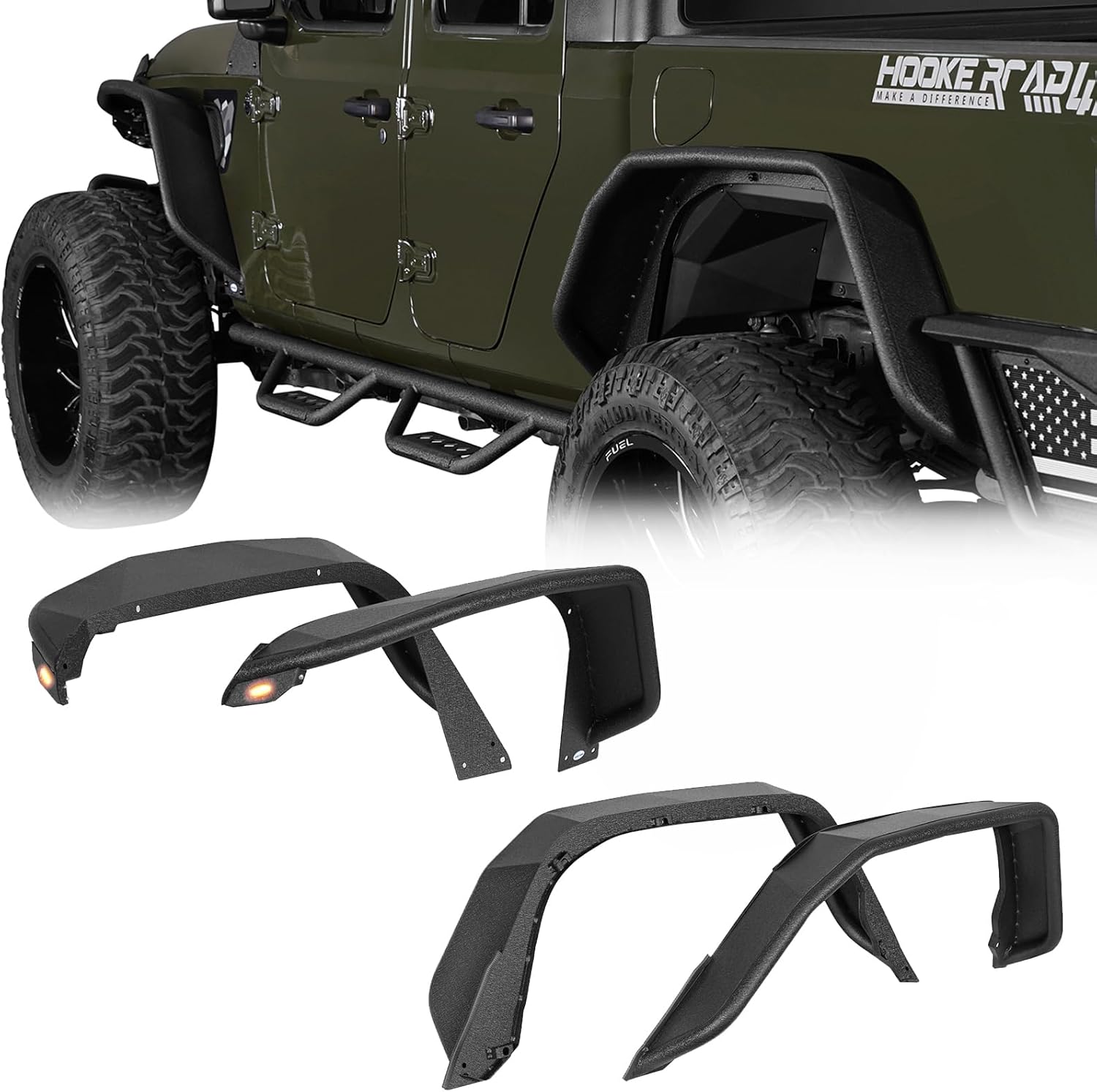 Amazon.com: Hooke Road Gladiator Tube Fender Flares Set with LED Turn ...
