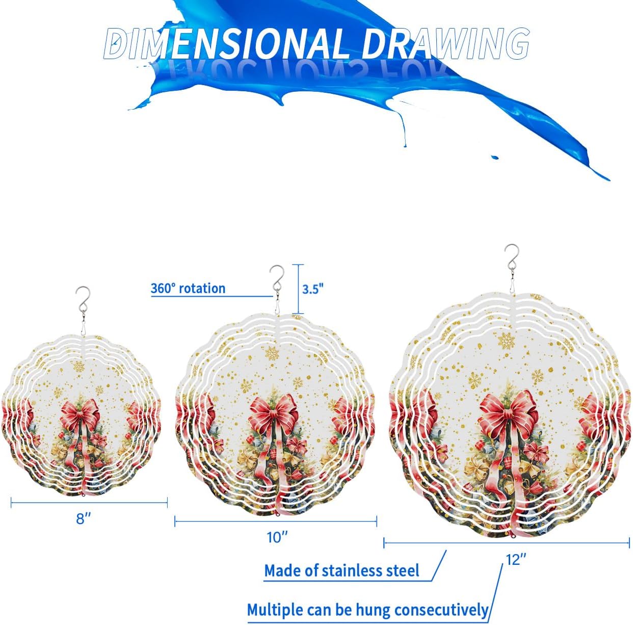 Christmas Wind Spinners, Xmas Tree Snowflake Seasonal Winter Holiday Hanging Wind Spinners for Yard and Garden 3D Stainless Steel Metal Sculptures Crafts Ornaments 12 inch