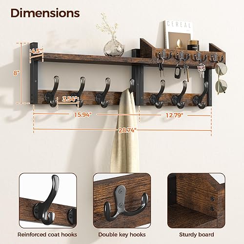 Miniatura 3 de Evermagin Perchero de pared de 29 pulgadas con estante, perchero 4 en 1 y colgador de llaves con 11 ganchos de metal, estante montado en la pared de