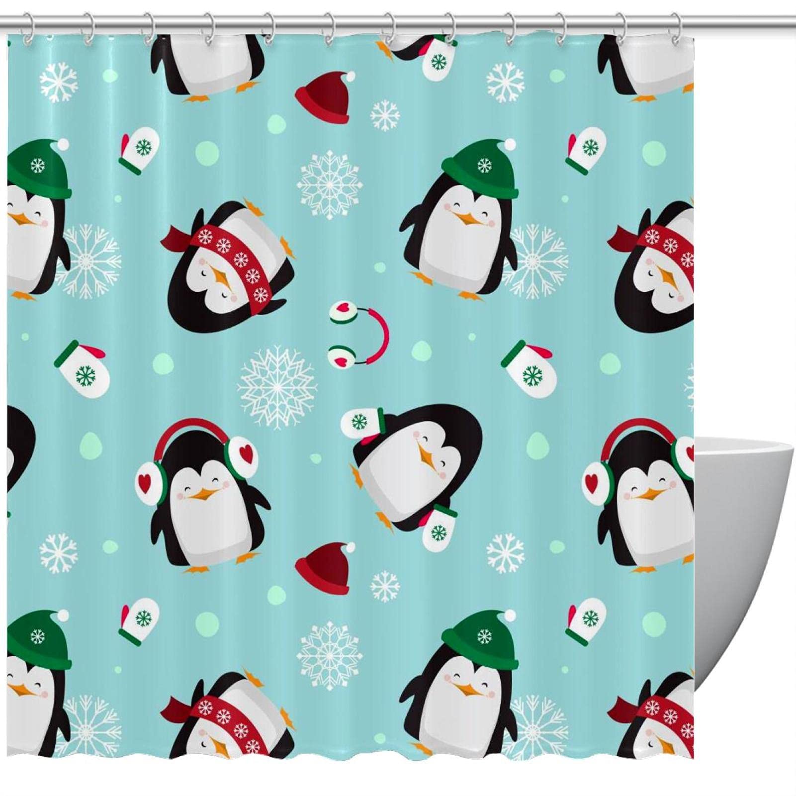 Rideau de douche pingouins de Noël 183 cm pour baignoire salle de bain