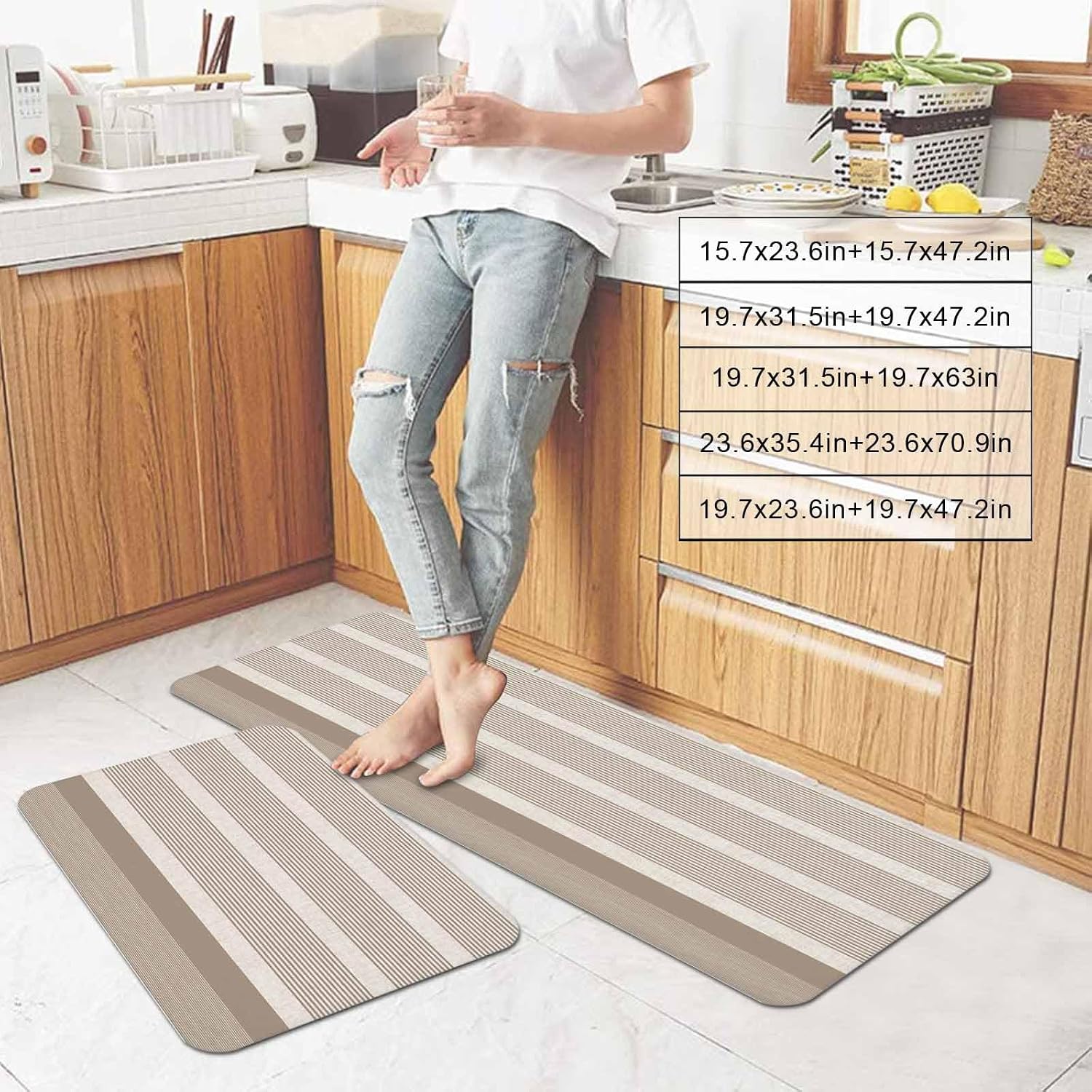 Prime Leader Vintage Brown Striped Kitchen Mat Set 2 Pieces Modern Simple Abstract Bohemian Non Slip Kitchen Rugs Washable Runner Rug Mats for Floor Sink Laundry Office 23.6" x 35.4"+23.6" x 70.9"