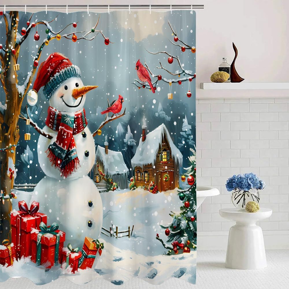 Christmas Snowman Shower Curtain Winter Farmhouse Snow Scene Xmas Holiday Happy New Year Fabric Bathroom Curtain with Hooks, 70Wx86H