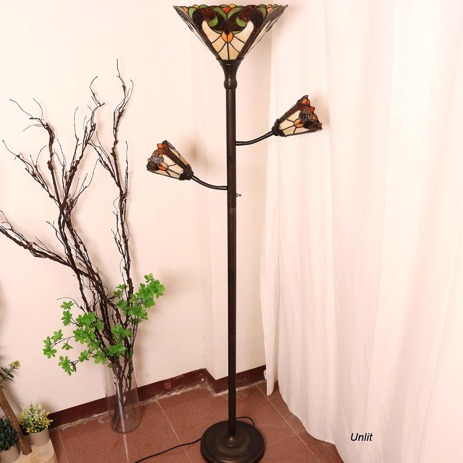 Bieye Lámpara de pie estilo Tiffany con tres luces y luces de lectura ajustables para sala de estar, 178 cm de alto. (Marrón, Barroco) Marrón Barroco