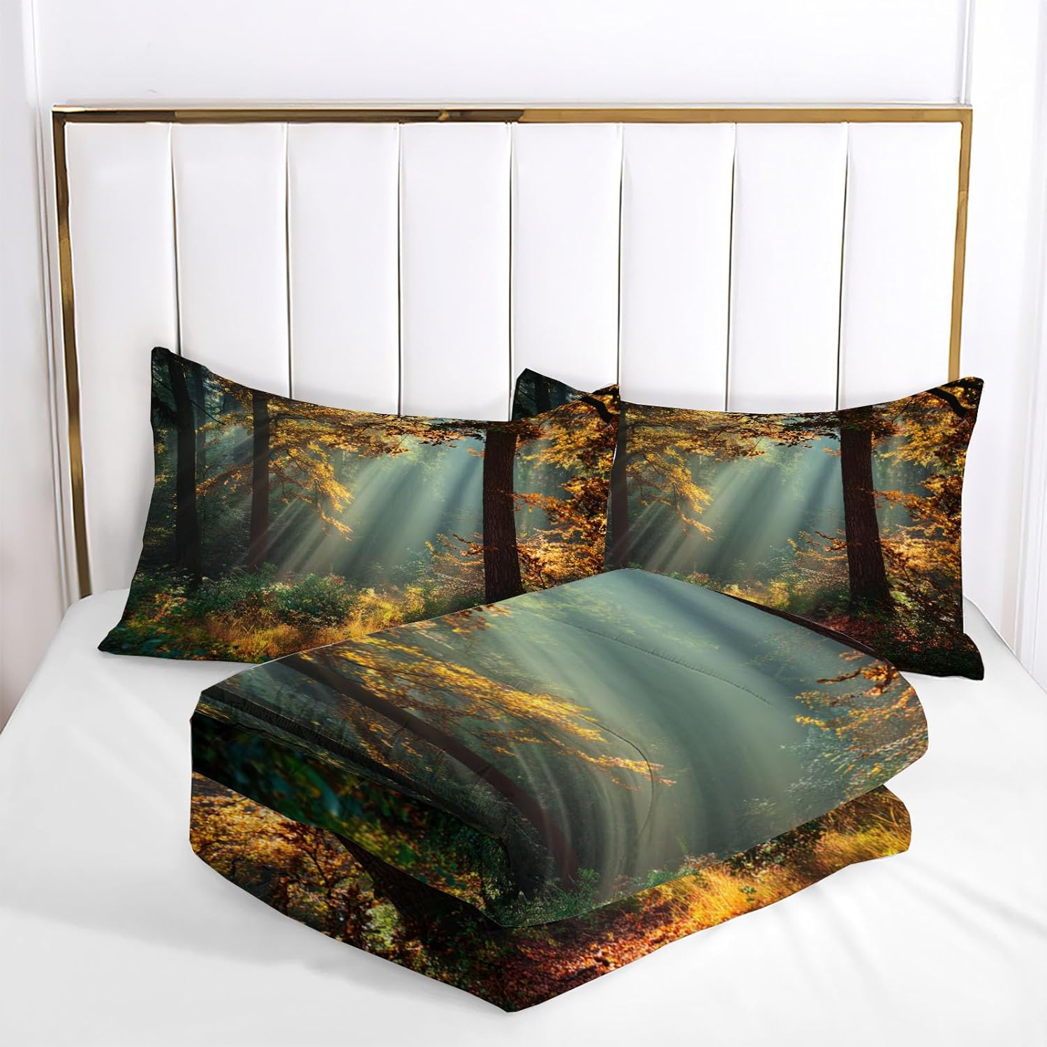 3D Autumn Forest Comforter Set Full Size Bedding Set Magical Realism Style All Season Down Comforter Printed Quilted with 2 Pillow Shams for Kids, Teens, Adults 80 x 90in Brown