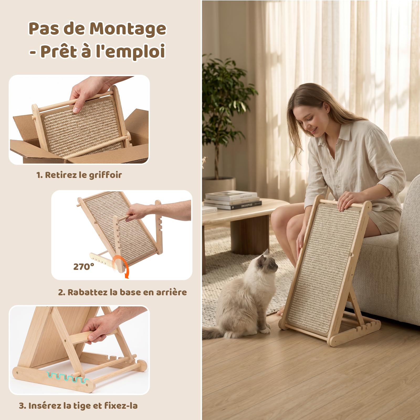 X XBEN Grattoir en Bois pour Chat, 60cm de Haut Griffoir Chat Pliable avec 5 Hauteurs Réglables, sans Montage, Forme de L Planche à Gratter en Sisal Naturel pour Préserve Canapé et Mur