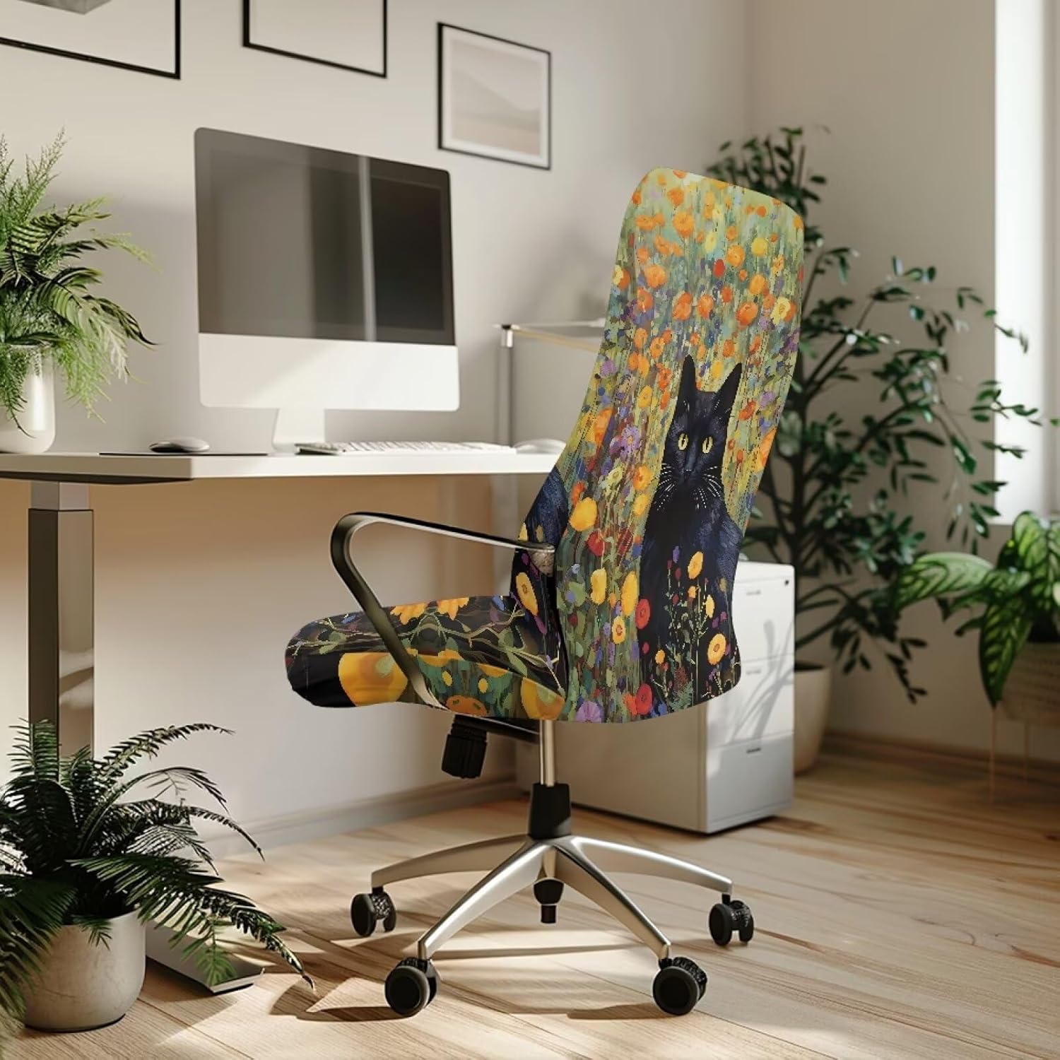 Talayituse Cat Flower Print Computer Office Chair Cover Stretchable Cloth Polyester Universal Desk Task Chair Chair Covers Stretch Rotating Chair Slipcover, L