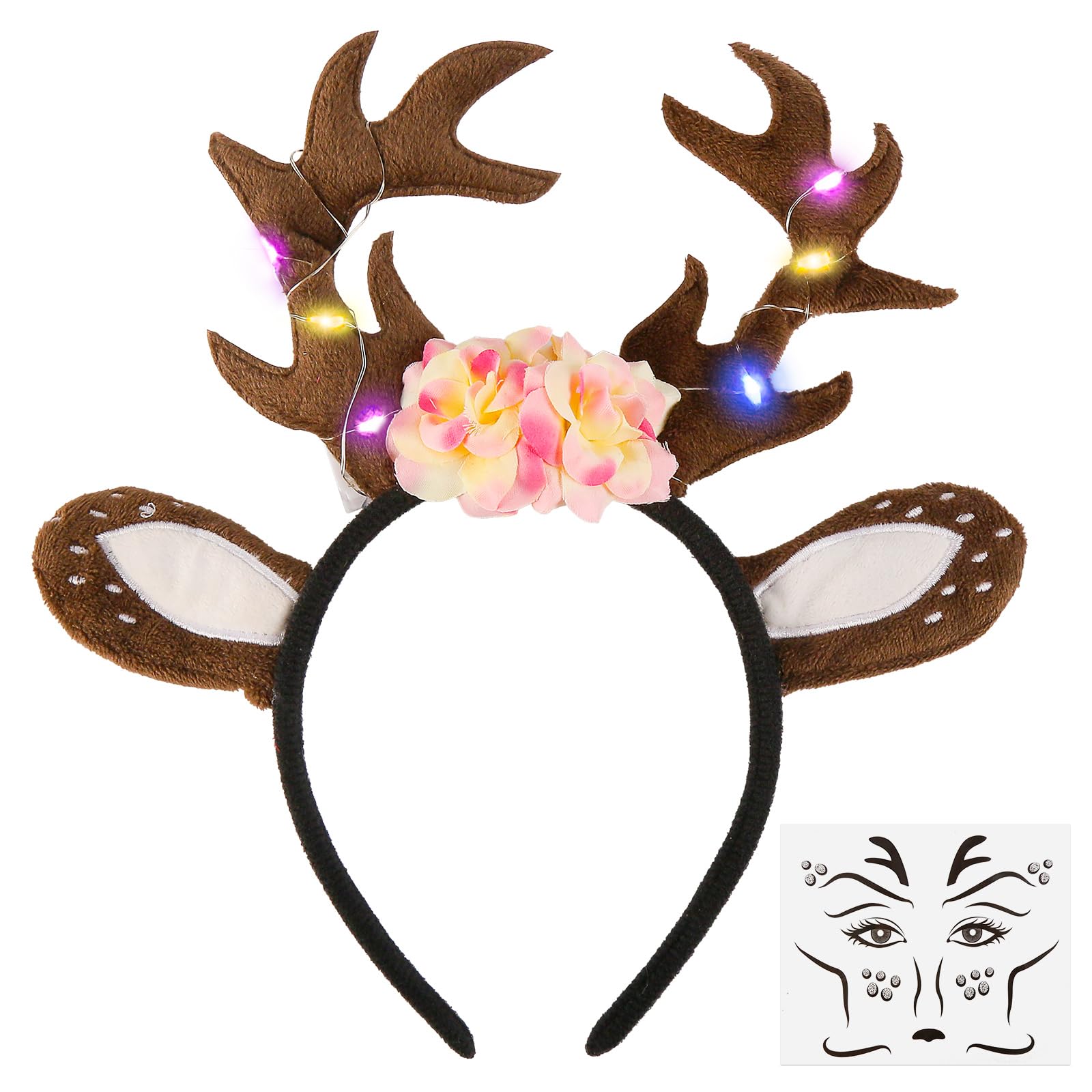 Makone Reindeer Headband, Antlers Horns Deer Ears, Deer Face Tattoo, Antler Headband, Women's Costume, Carnival, Christmas