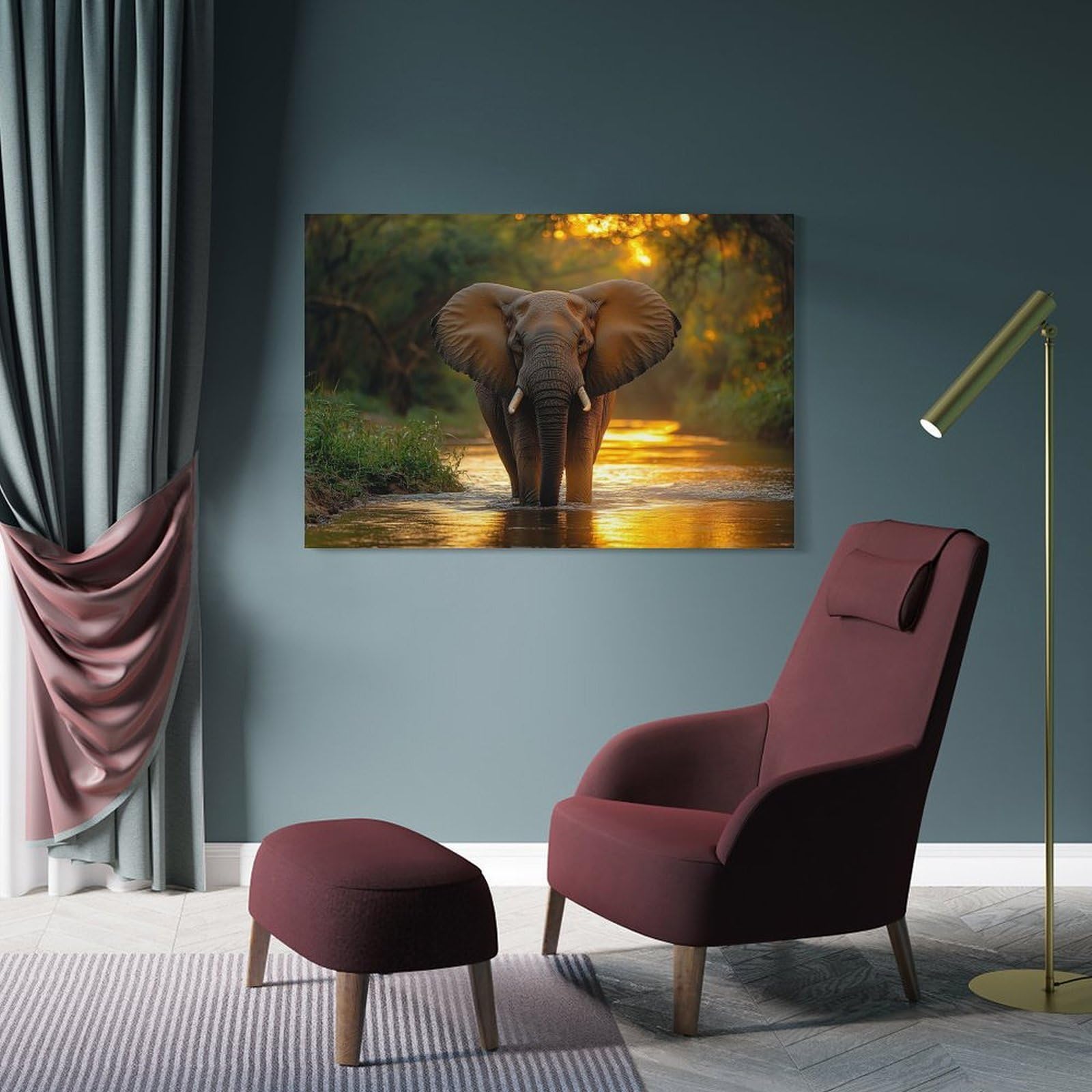 Junmoney Elephant Wading through Golden River Canvas Wall Decor, 12x18inch(30x45cm), for Gallery Wall Decor And Room Displays, Wall Decor Suited to Curated Displays