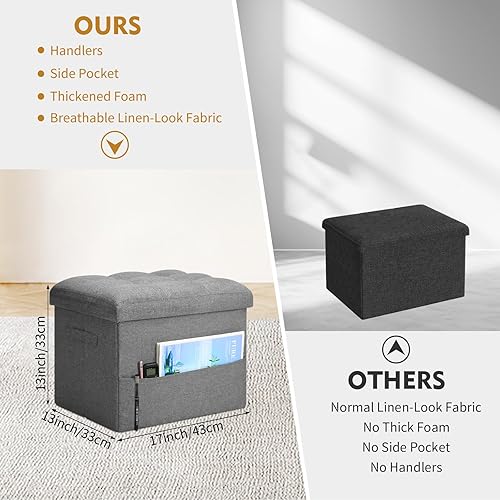 Miniatura 3 de Otomana de almacenamiento con asiento acolchado de espuma extragruesa, taburete reposapiés plegable con tela de lino, otomana de 43 L con banco de