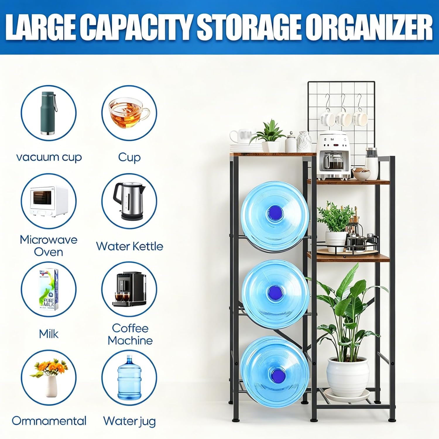 5 Gallon Water Jug Holder 3 Tier Water Dispenser Stand with Storage Shelves, Farmhouse 5 Gal Water Bottle Holder Storage Rack with 3 Slots, Anti-tipping Belt for Kitchen, Office, Garage, Rustic Brown
