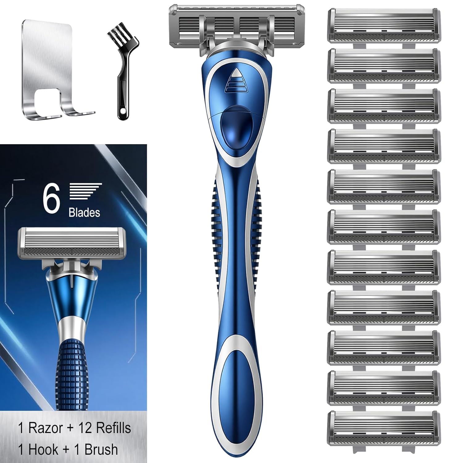 6-Blade Manual Razor for Men with Lubricating Strip, 1 Ergonomic Non-Slip Handle Includes 12pack Razor Blade Refill Cartridges, with Hanging Hook & Cleaning Brush, Full Washable Design