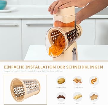 SUSTEAS Cheese Grater with Crank - Grater for Vegetables with 5 Drum Blades Strong Suction Base Vegetable Cutter Ideal for Cheese Cucumbers Carrots Nuts Vegetables etc. with Blade Storage Box (Beige)