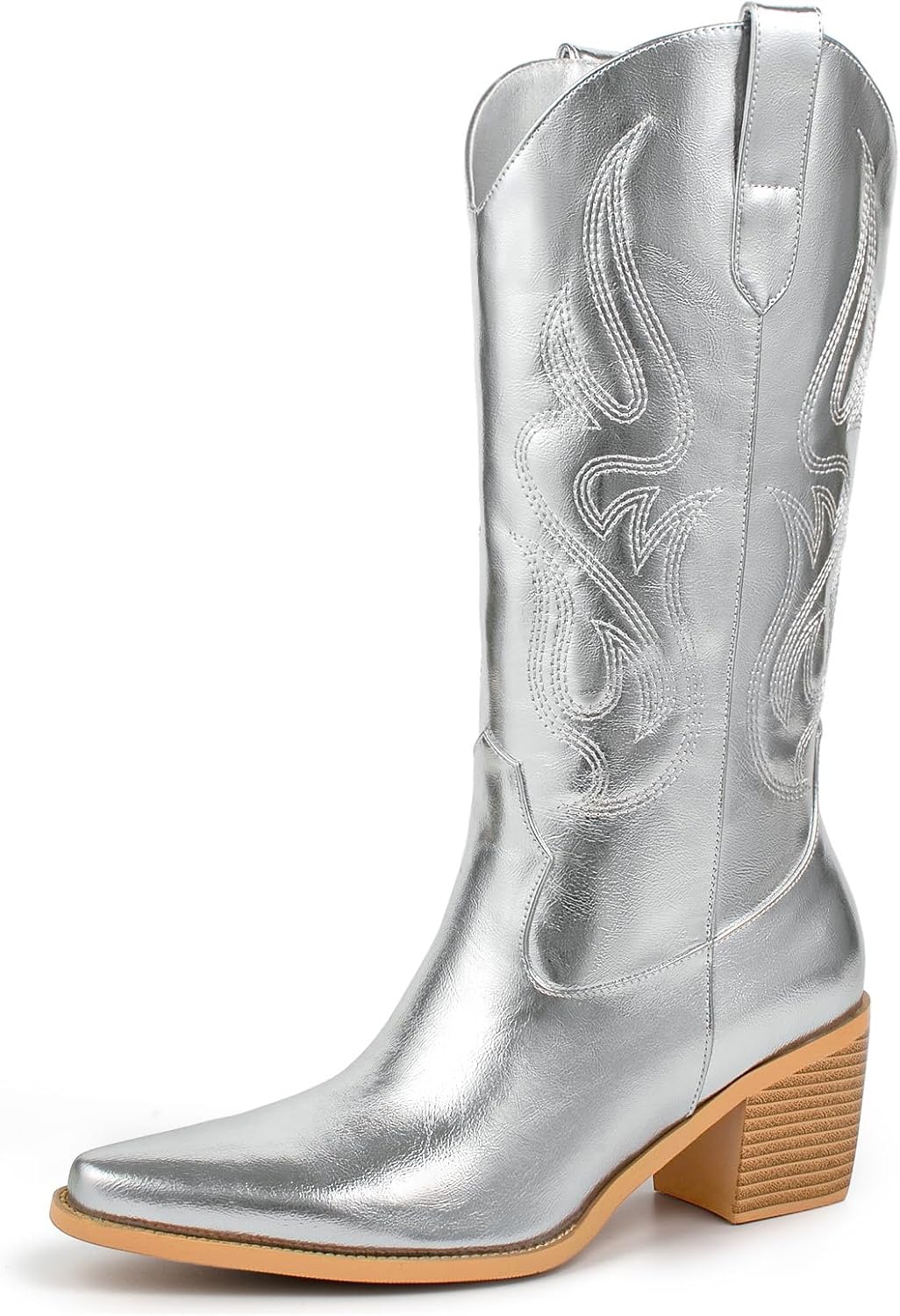 Pasuot Cowboy Boots for Women - Cowgirl Western Mid Calf Boots with Embroidery, Pointed Toe Retro Chunky Heel Slip On Fashion Classic Short Boots Pull On for Ladies Summer Fall
