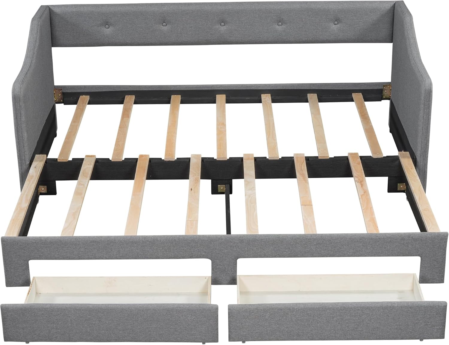 Upholstered Daybed with Pop Up Trundle, Twin XL to King Size Linen Upholstery Daybed Sofa Bed with Armrests for Bedroom Guest Room Living Room, Maximize Space (Gray-POK)