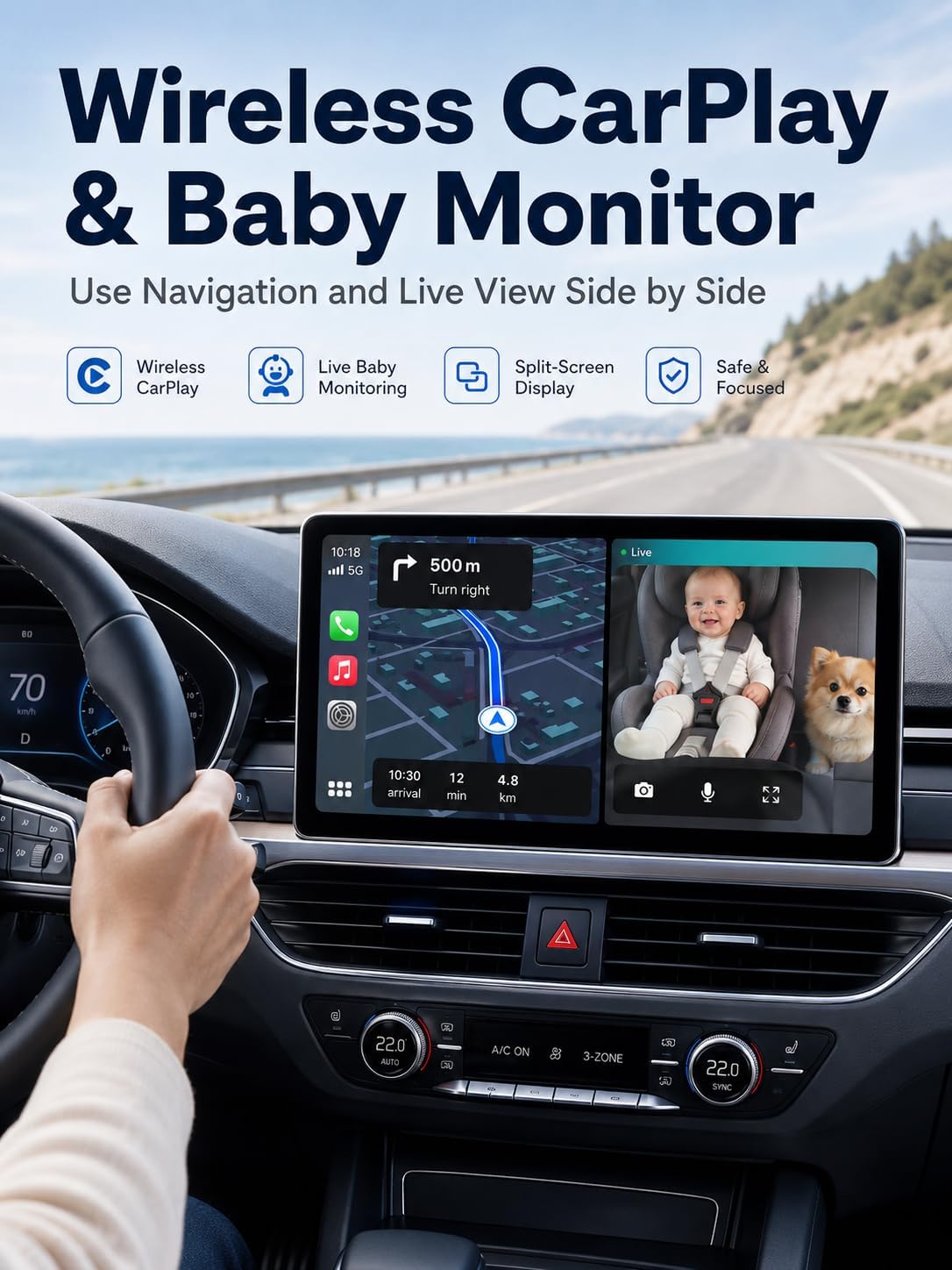 Lusdy Wireless CarPlay Baby Car Camera for iPhone, 1080P HD Rear Seat Baby Monitor with Night Vision, No Screen Needed, Plug & Play Adapter, Split Screen, 150° Wide Angle, Fits Factory Wired CarPlay