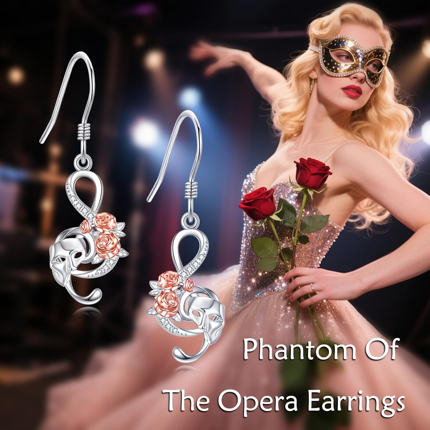 Mask Earrings S925 Sterling Silver Phantom Of The Opera/Comedy Tragedy Masks Earrings Theater Face Jewelry For Theater Lovers Women Female Drama Gifts