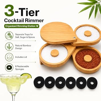 Margarita Salt Rimmer Set, Bamboo Cocktail Rimmer for Home Bars and Parties | Includes Lid, 6 Sponges and 3-Tier Swing-Out Trays for Salt, Sugar and Spices, Ideal for Margaritas, Mocktails and Shots