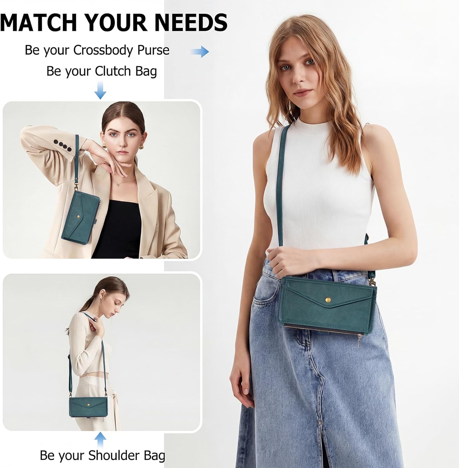 Compatible with Magsafe 3 in 1 Detachable iPhone 15 Wallet Case with Card Holder, PU Leather Handbag Phone Purse with Zipper, RFID Blocking Strap Lanyard Kickstand Magnetic Phone Cover