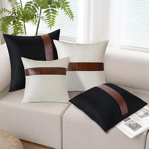 Miniatura 5 de OTOSTAR Juego de 4 fundas de almohada de lino con retazos de piel sintética de 20 x 20 pulgadas, decoración de granja a rayas, modernas, fundas de
