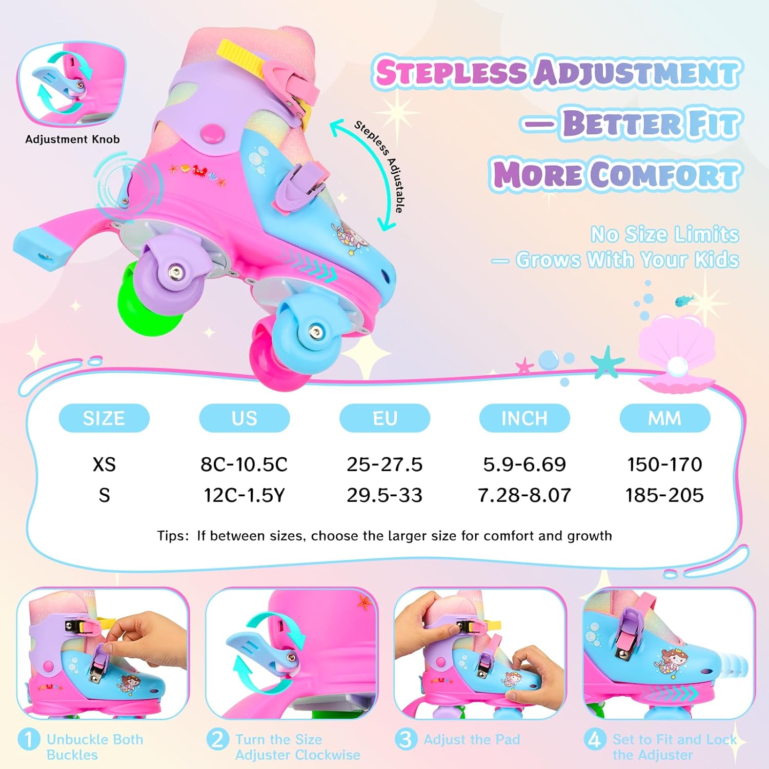 Toddler 3-in-1 Roller Skates for Kids Girls Boys, Hard Shell Convertible Quad, Inline & Tri-Skates with Sticker-Decorated Colorful Light-Up Wheels, 4 Size Adjustable Skate for Beginners