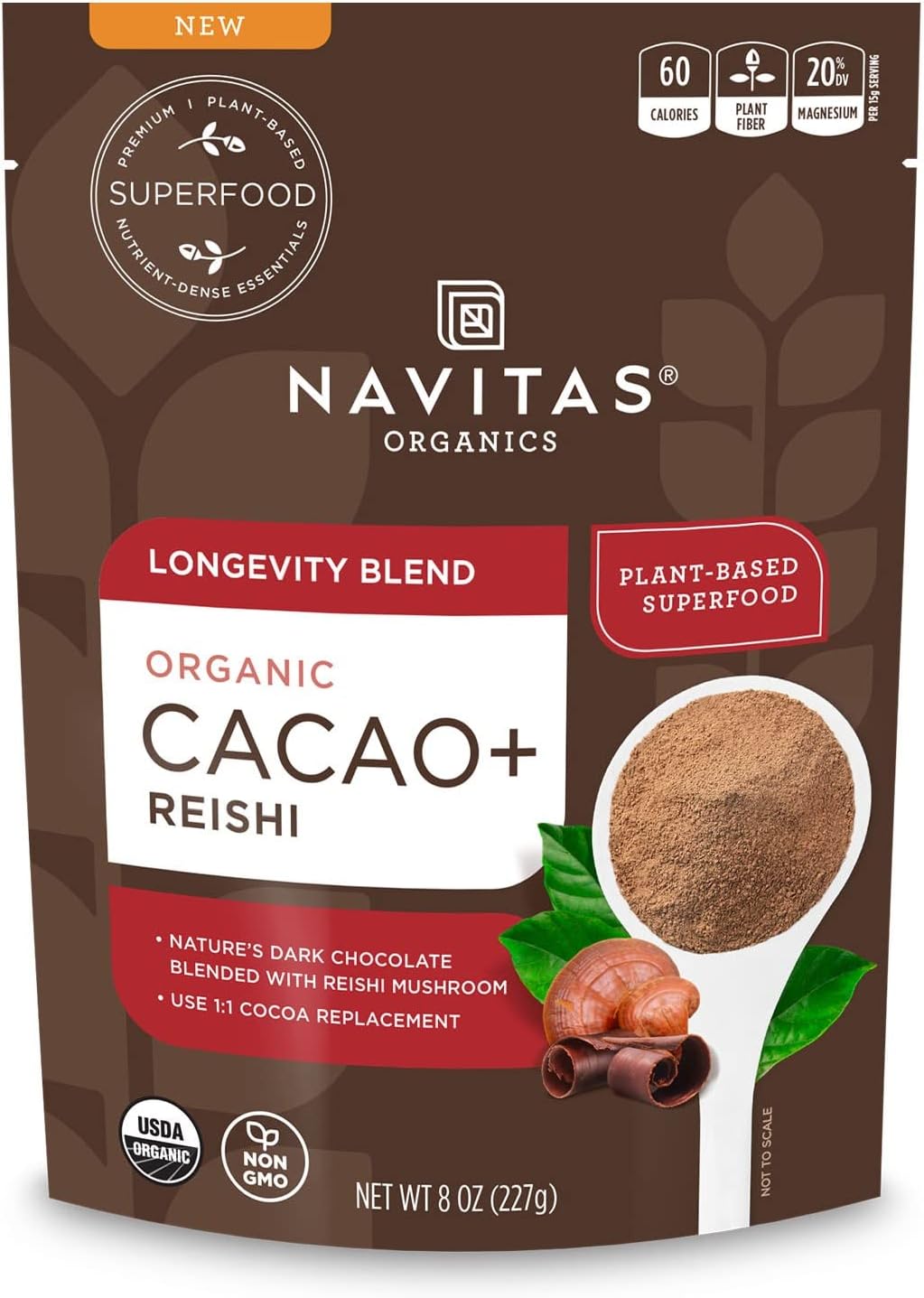 Navitas Organics Cacao+ Blend: Longevity (Cacao + Reishi), 8oz. Bag, 15 Servings — Organic, Non-GMO, Gluten-Free