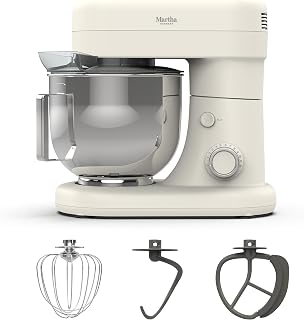 Martha Stewart 5.3QT Tilt-Head Stand Mixer, 12 Speeds, Stainless Steel Bowl, Splash Guard, 3 Attachments, Linen White
