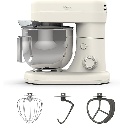 Martha Stewart  Tilt-Head Stand Mixer, 12 Speed, 5.3QT Stainless Steel Bowl, Splash Guard with Pour Chute, Whisk, Dough Hook, Flat Beater, Electric Kitchen Baking Mixer, Bread, Cake, Whip, Linen White