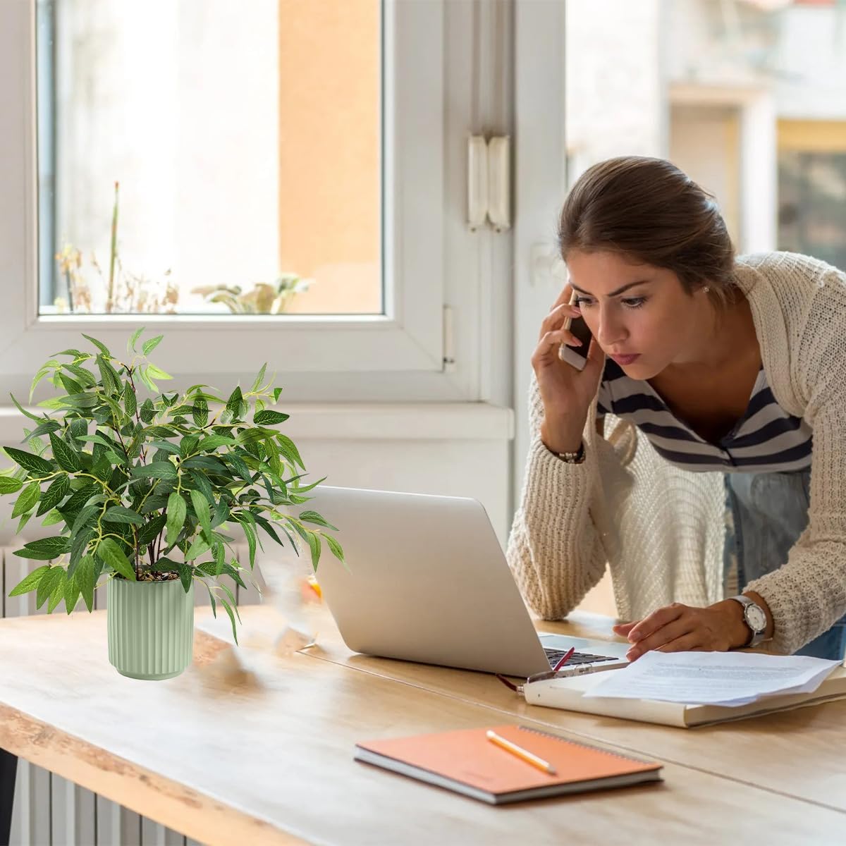 16" Artificial Willow Leaf Plant in Ribbed Ceramic Pot Lifelike Faux Potted Greenery for Indoor Home Office Table Shelf Living Room Bedroom Bathroom Decor - Image 4