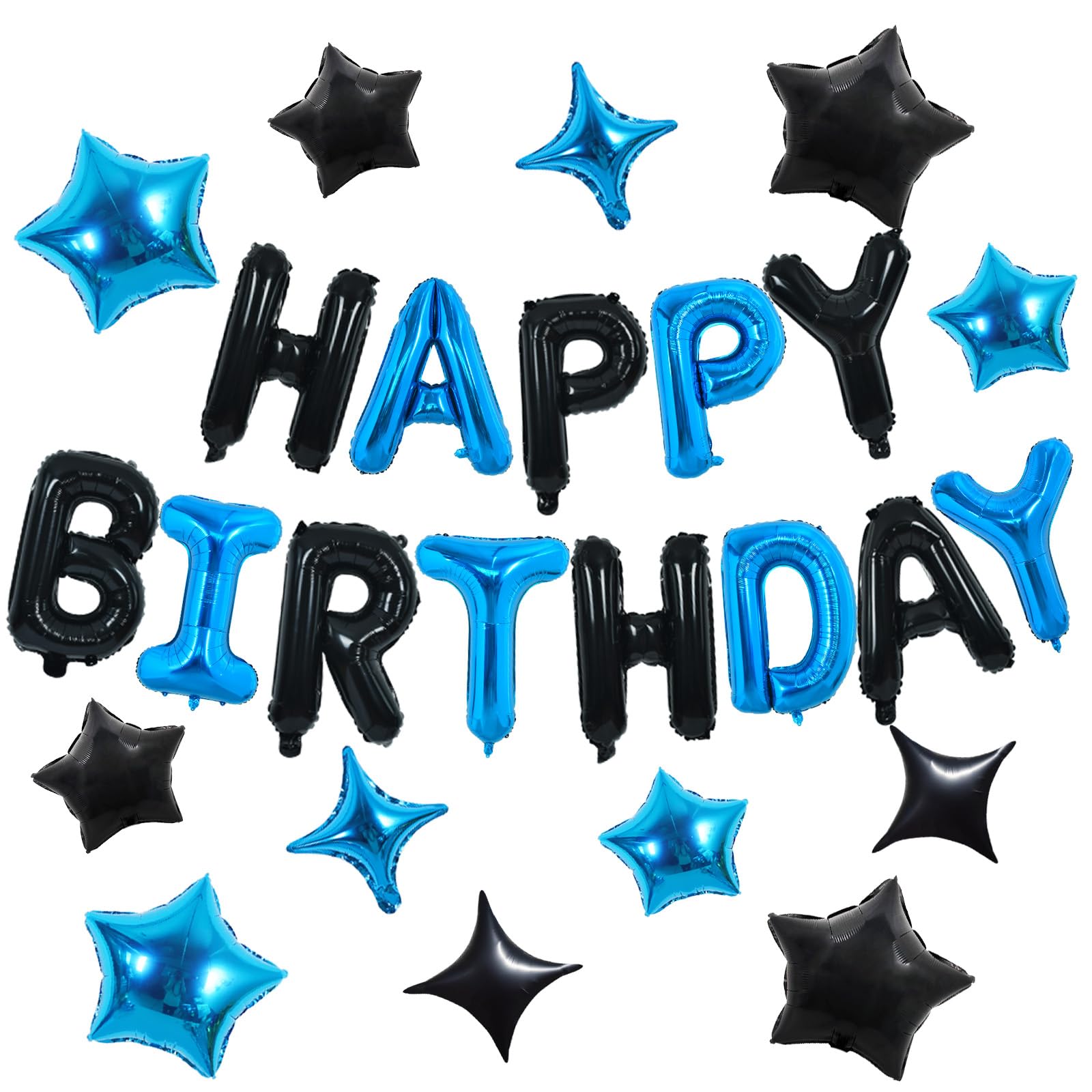TONIFUL 16 Inch Letter Balloons Happy Birthday Balloons with Ribbon Straw, 16 Inch Mylar Letters Birthday Sign Banner Bunting Reusable for Adults Party Decorations Supplies（35PCS Black Blue）