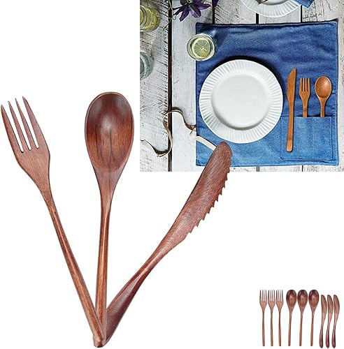 Miniatura 3 de Juego de cubiertos, 3 piezas de madera cubiertos de madera cuchara tenedor cuchillo juego de cocina cubiertos de madera cubiertos tenedor cuchara