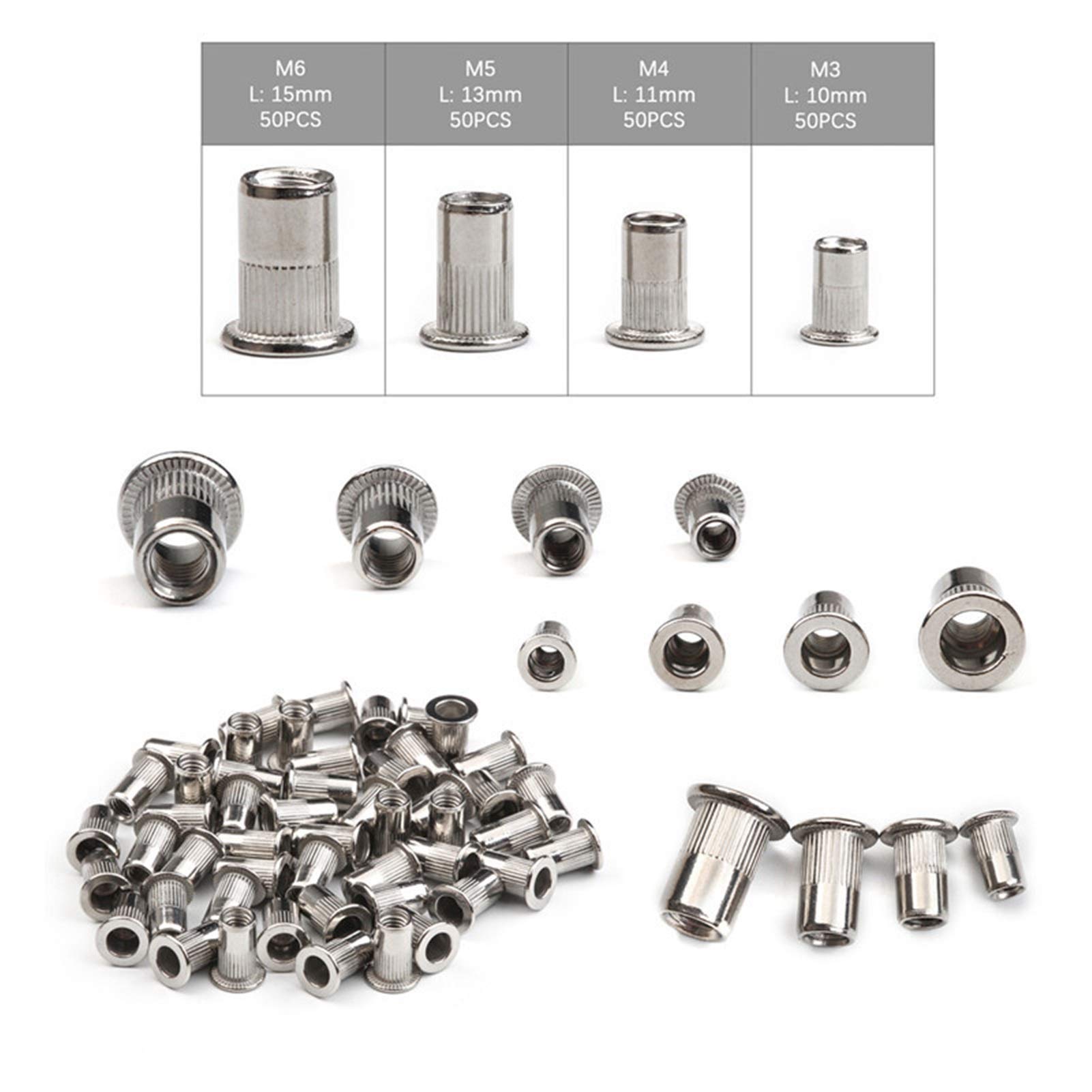 Dadi rivettati filettati, Dadi rivettati a testa piatta in acciaio inossidabile, confezione da 200 M3-M6 multicolore(Silver,M3-M6 200pcs)