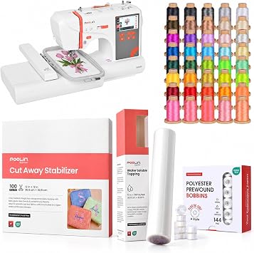 Poolin EOC03 Wearable Embroidery Bundle with 12"x12" Cut Away Stabilizer, Water Soluble Topping, 40-Color 800M Thread Set & A Style Prewound Bobbins 144pcs