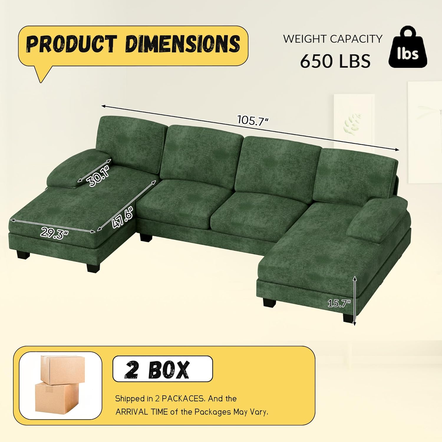 Product dimensions and two shipping boxes