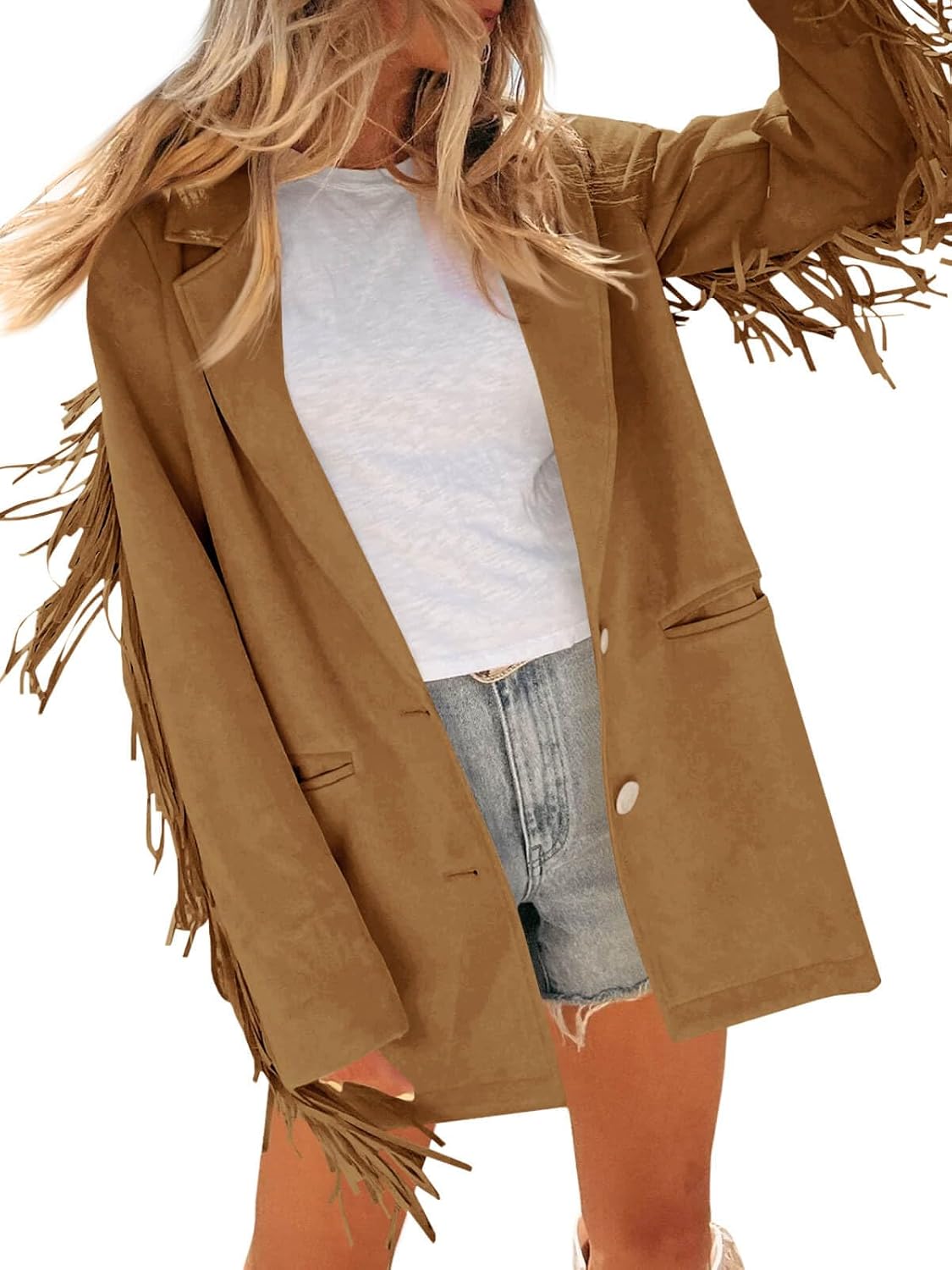 Cicy Bell Womens Faux Suede Fringe Jacket Casual Blazer Long Sleeve Lapel Button Front Suit Jackets