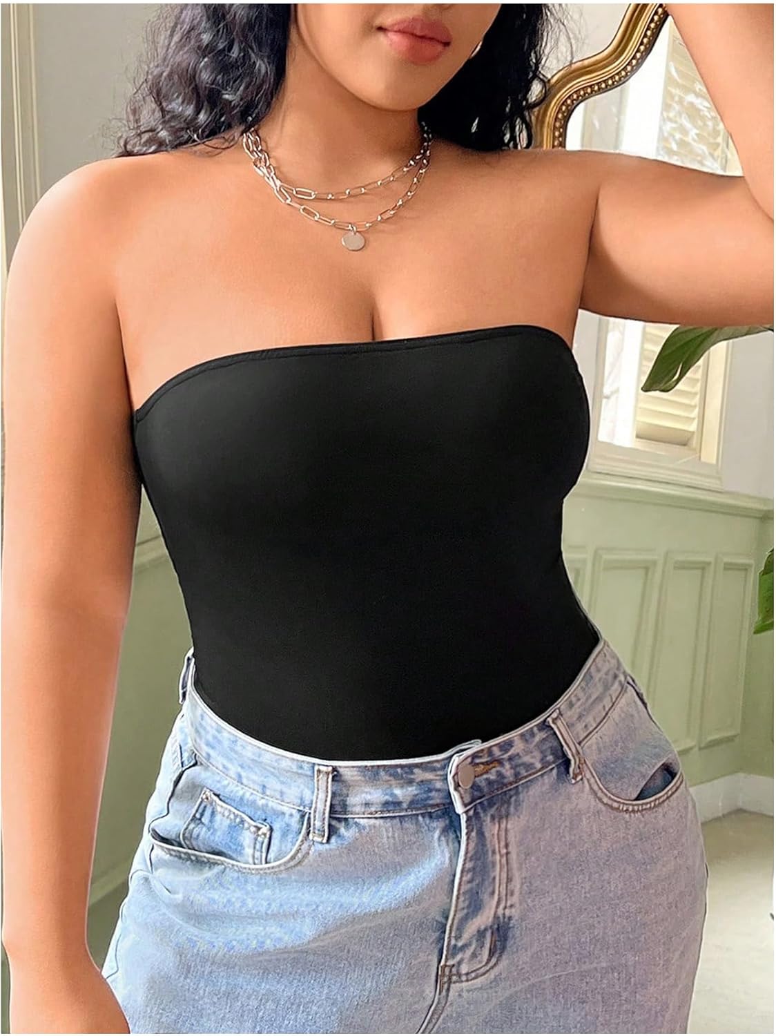 WDIRARA Women's Plus Size Tube Bodysuit Sleeveless Strapless Leotard Basic Body Suit - Image 4