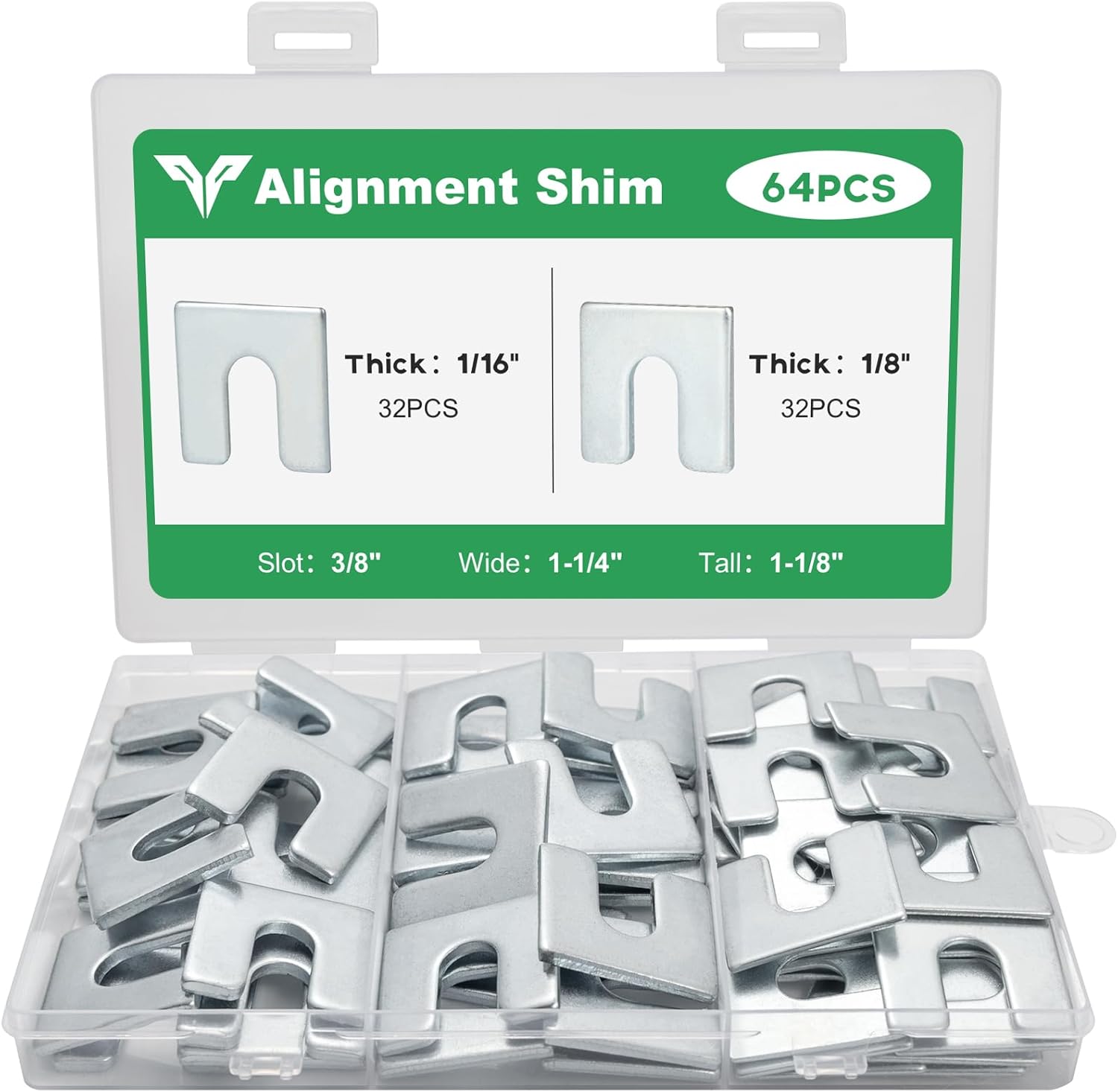 Alignment shims, Auto body fender alignment shim, Slotted shims 1/16" & 1/8" Thick(32 Each) 3/8" Slot, Metal shim for Camber, Caster & Toe Adjustment 64 PCS