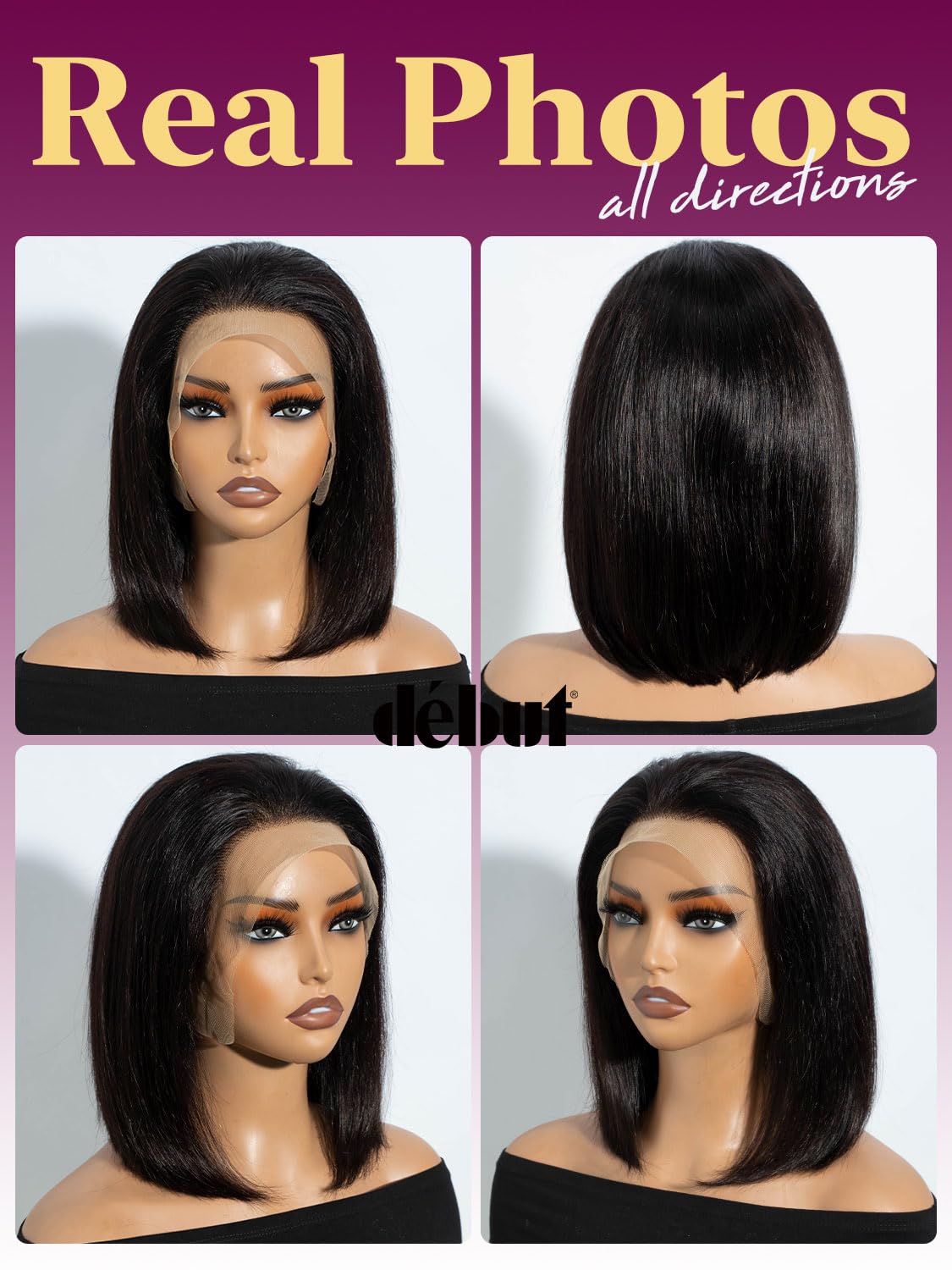 Lace Front Wig 13x4 Transparent Lace 100% Human Hair Straight Bob, Pre-Plucked Glueless Wear and Go Wig for Black Women, Natural Black 12 Inch