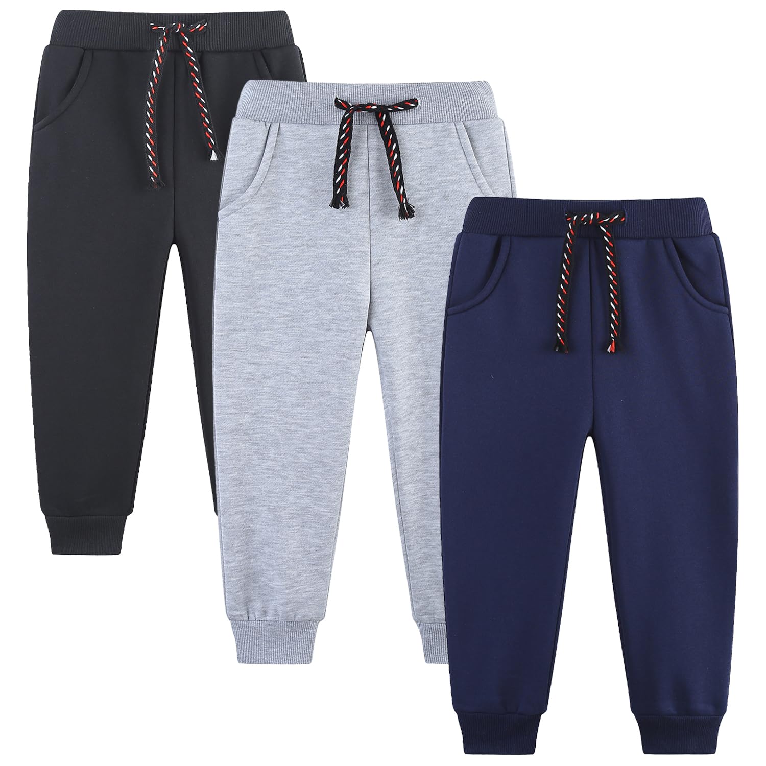 Funnymore 3 Pack Boy's and Girl's Fleece Pull on Jogger Sweatpant with Pockets and Drawstring 2-13 Years