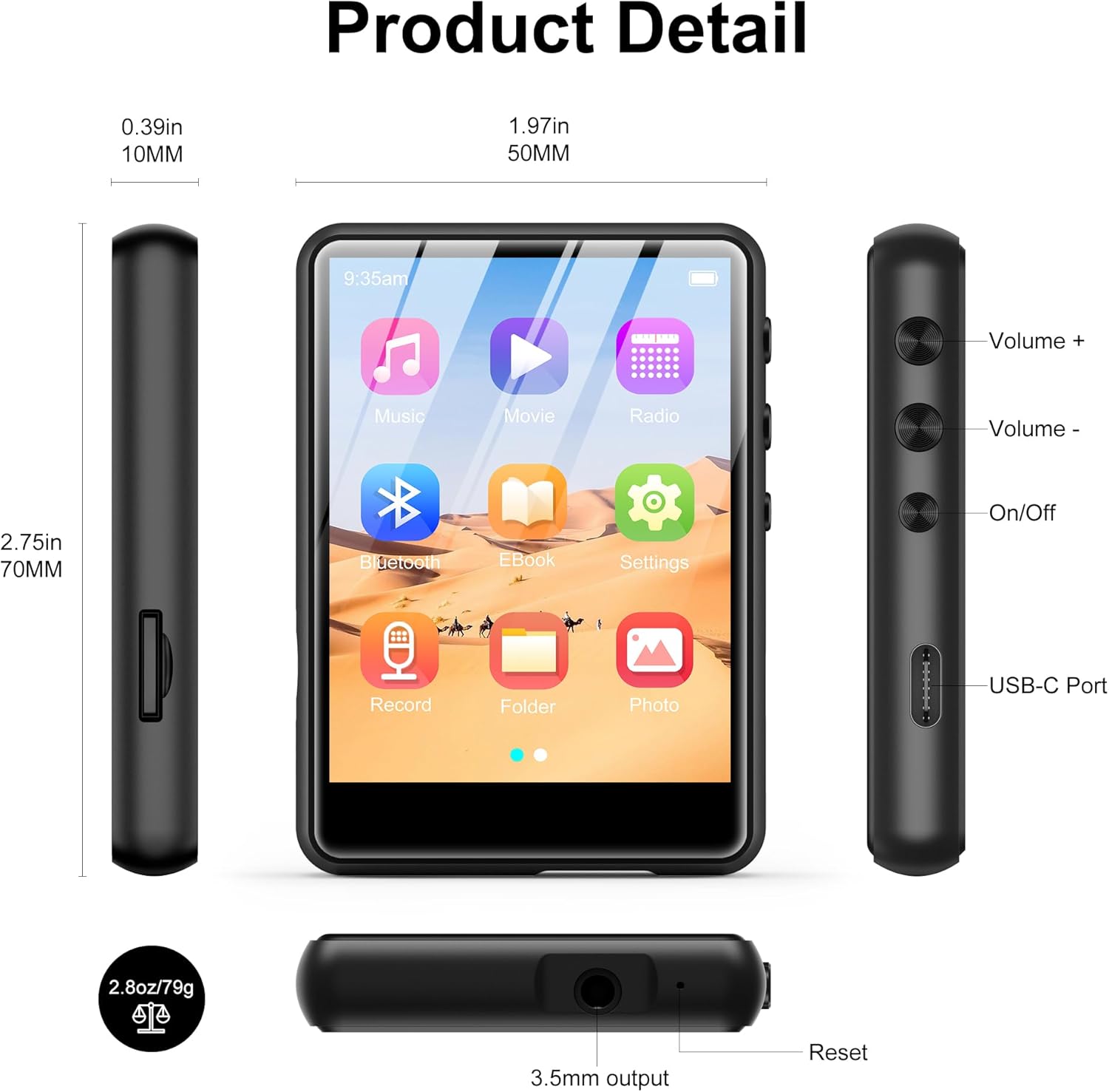 SWOFY M4 MP3 Player Product Detail with dimensions and port labels