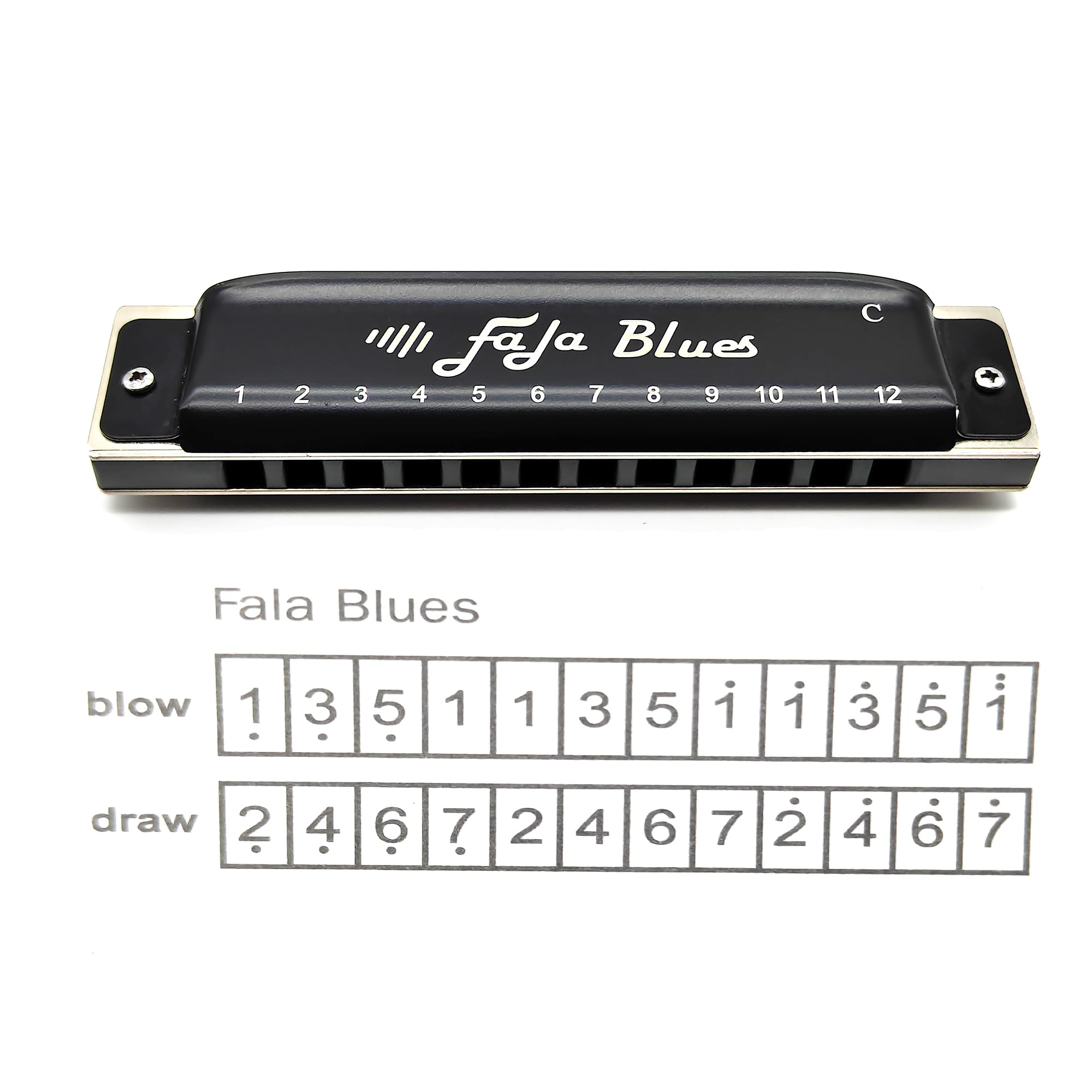 FALA Harmonijka bluesowa, 12-otworowa, profesjonalna harmonijka diatoniczna, klucz C, aluminiowy grzebień, blues, usta, organy dla każdego (miedziana siatka, czarna)