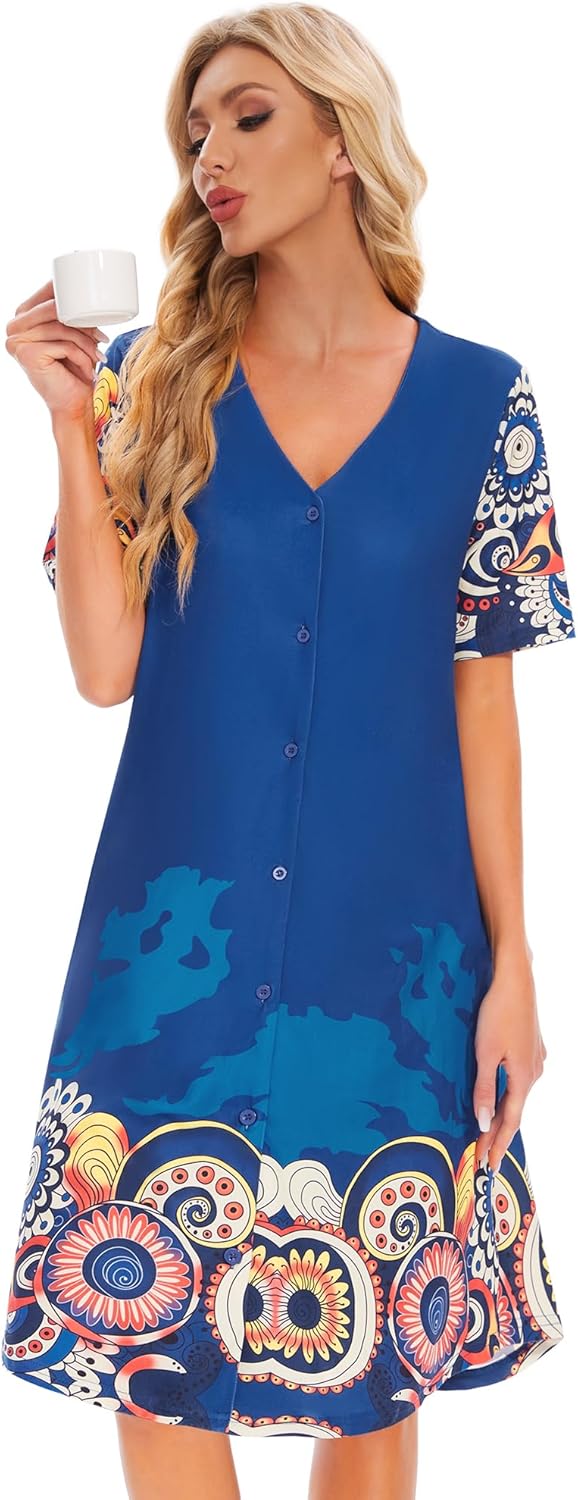 Moo Moos Nightgowns for Women with Pockets Button Down Sleepshirt Short Sleeve House Dress Floral Print Mumu Dresses - Image 6