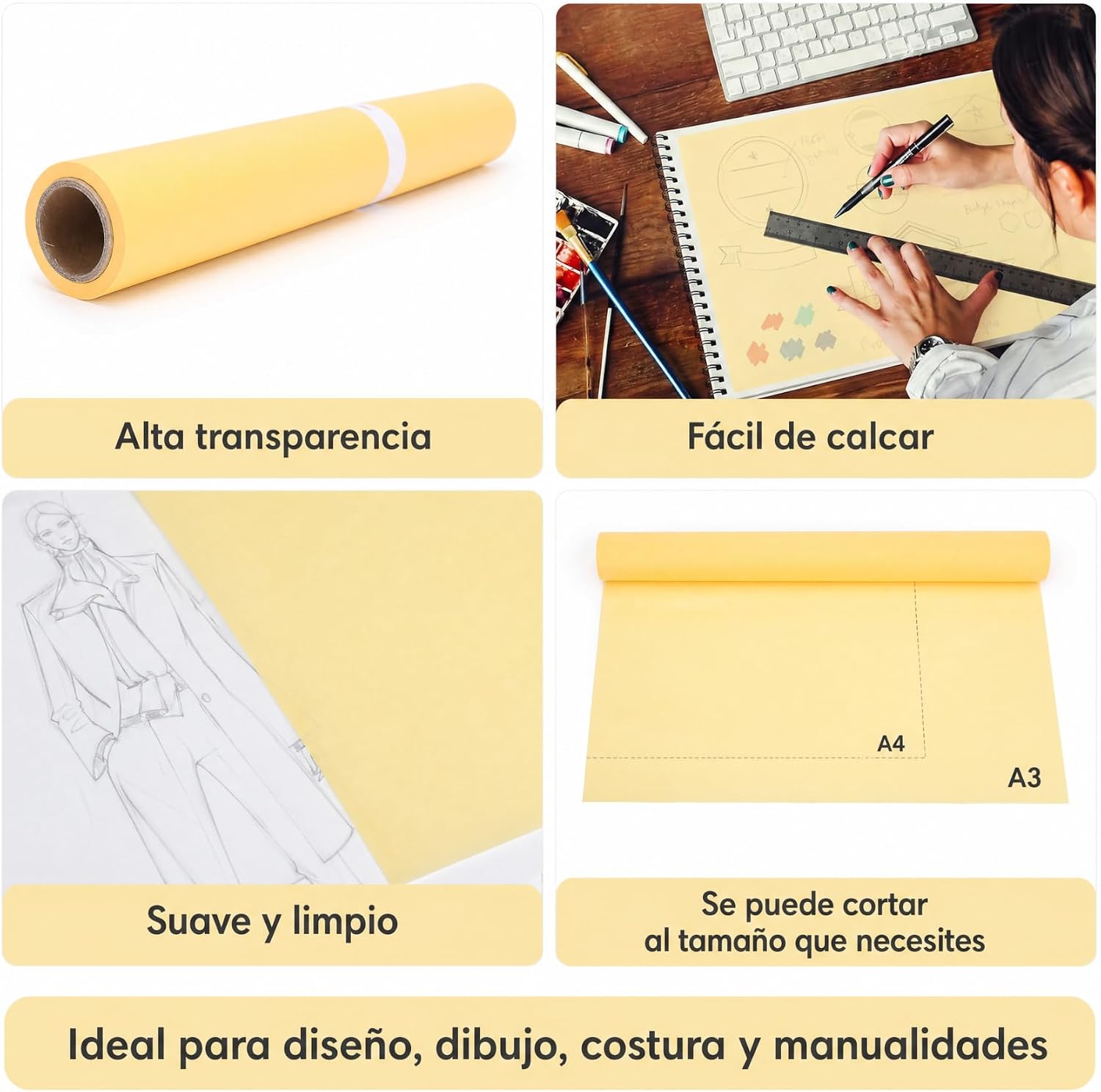 Yosoo Health Gear Tracing Paper Roll 12In, Papel Amarillo Translucent Yellow Sketch Paper, Transparentpapier Gelb 110G Bedruckbar for Drawing and Sewing, 31Cm Wide, Cuttable, Ideal for Crafts