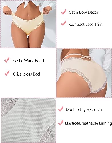 Miniatura 2 de Avidlove Ropa interior para mujer con ribete de encaje, calzoncillos clásicos con espalda cruzada, 4 paquetes
