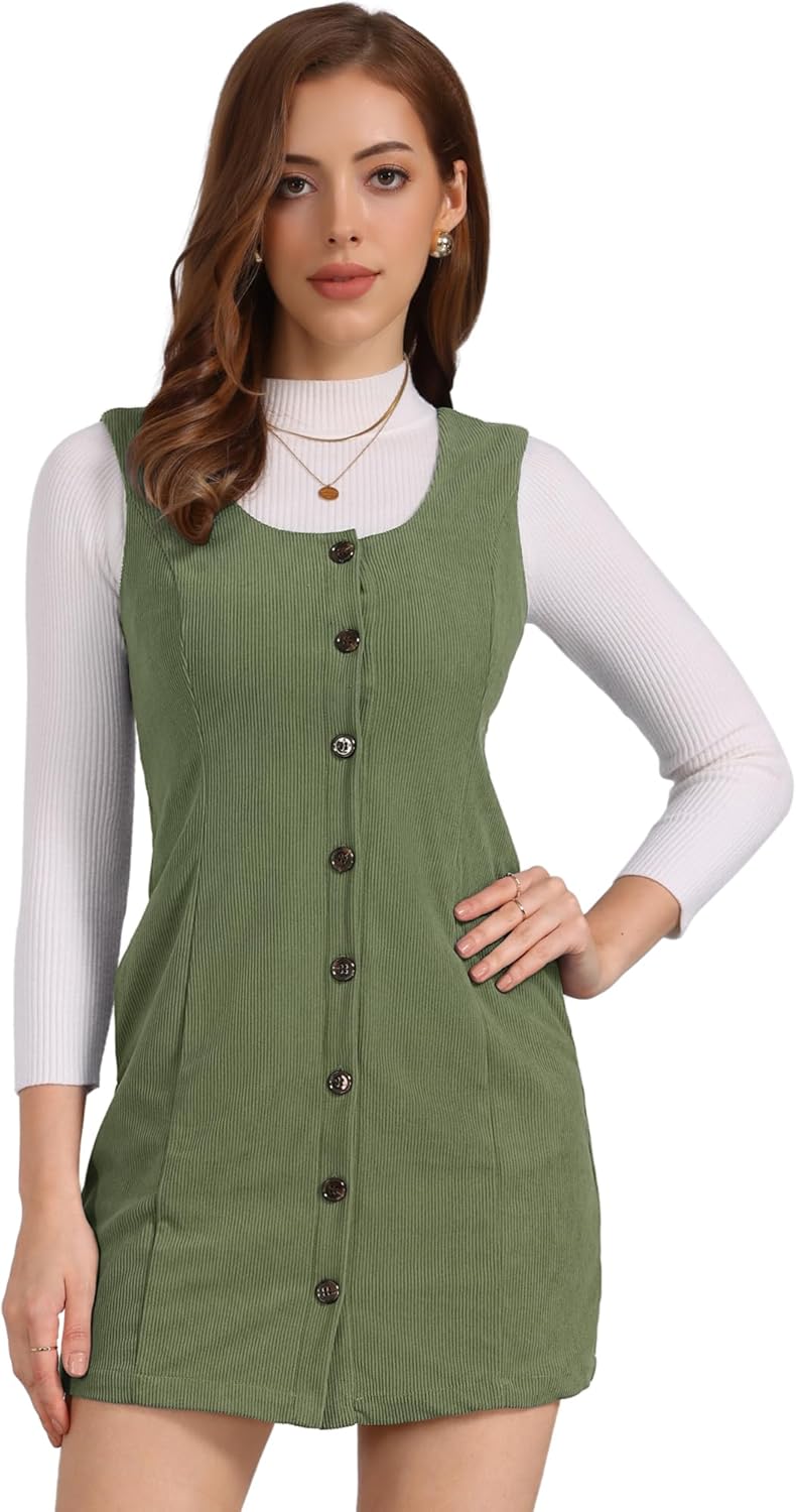 Allegra K Corduroy Overall Dress for Women's Fall Scoop Neck Sleeveless Button Down Casual Pinafore Dresses