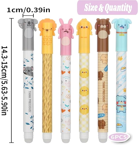 6Pcs Erasable Pens Blue Legami Pens Rub Out Pens 0.5mm Erasable Pen Animals