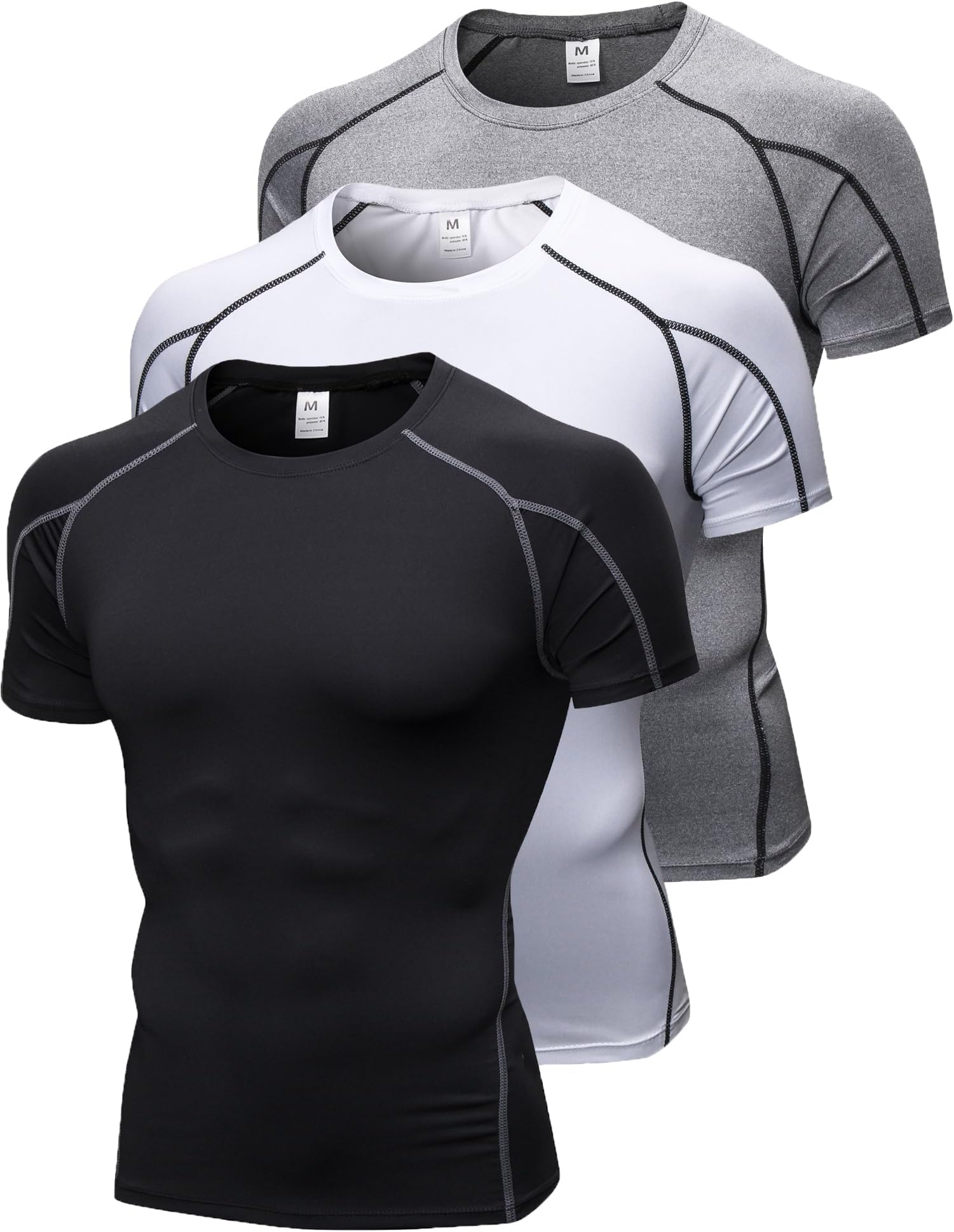 Queerier3 Pack Men's Compression Shirts Short Sleeve Workout T-Shirt Cool Dry Undershirts Baselayer Sport Cool Shirt Running Tops