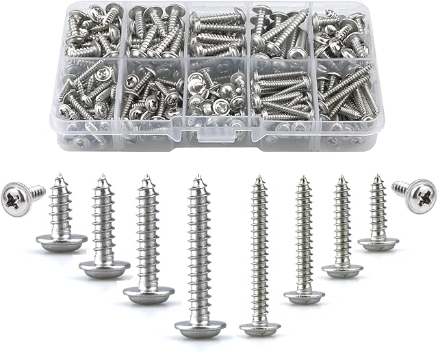 M3,M4 Self Tapping Screws Metal With Washers,280 pcs Pan Head Stainless Steel Drilling Wood Screw Assortment Kit,10 Types(8/10/12/16/20/25mm),Round Countersunk Machine Screw Fasteners(Silver)