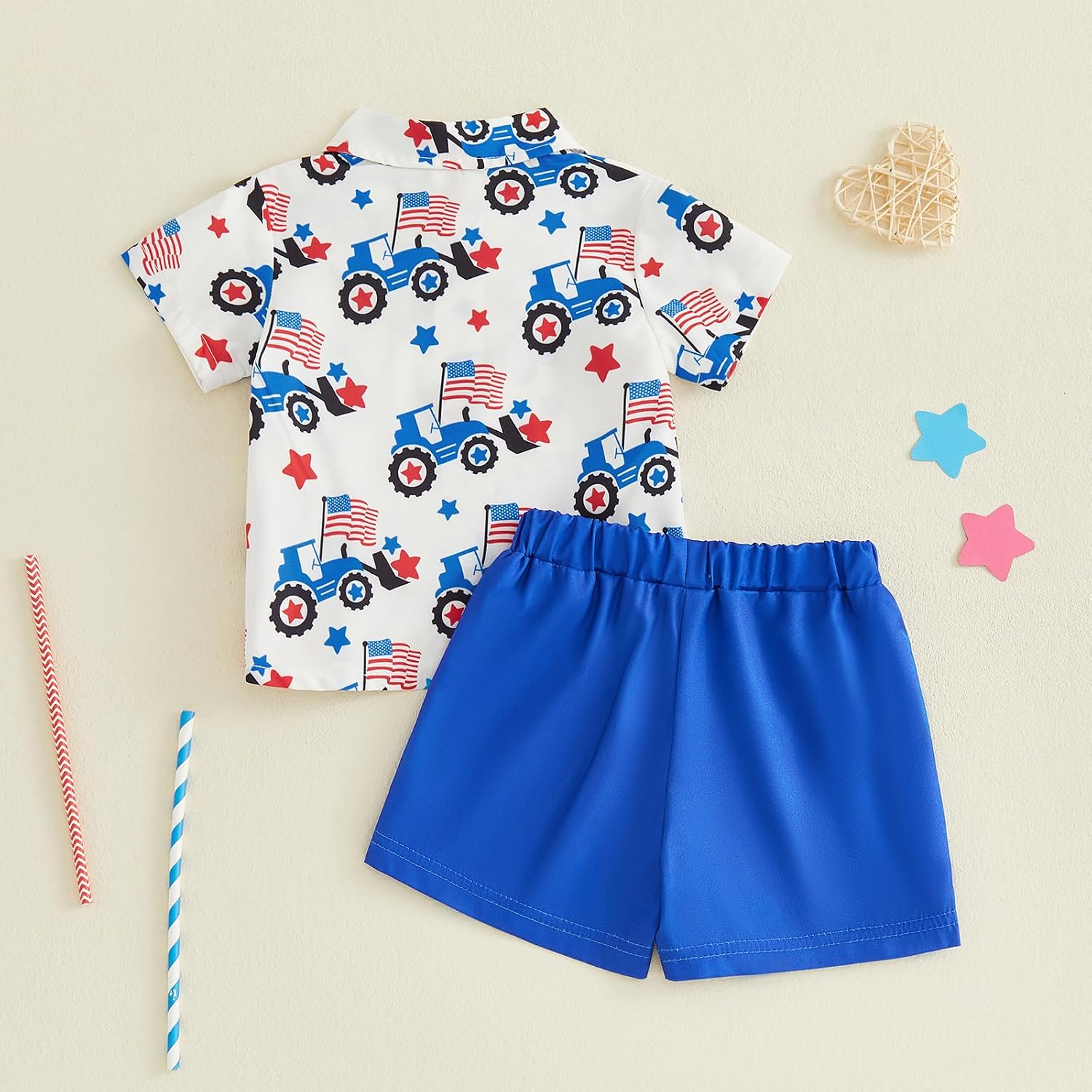 4th of July Baby Boy Outfit Toddler USA Flag Tractor Short Sleeve Button Down Shirt Shorts Set Patriotic Clothes
